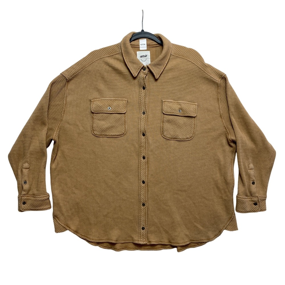 Aerie Shirt Womens Medium Tan Waffle Knit Button Down Oversized Thermal Pockets